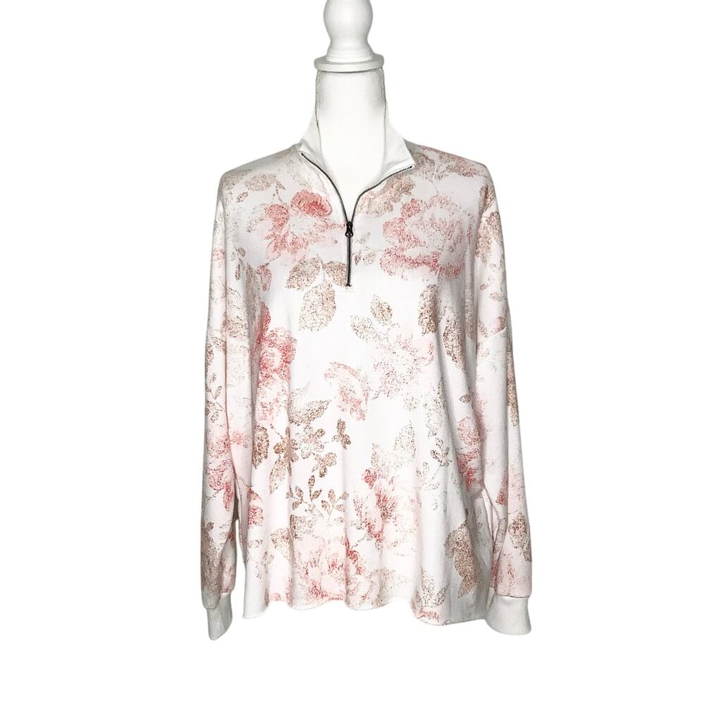 Aerie Sunday White Pink Floral Quarter Zip Sweatshirt Medium